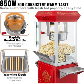 Vevor Popcornmaschine Popcornautomat Popcorngerät mit Wagen 850 W Popcornmaschine 8 oz Kessel für 48 Tassen pro Ladung, Popcornmaschine mit gehärtetem Glas, inkl. 4 Schaufeln, Kino-Stil, rot