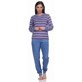 normann Damen Frottee Schlafanzug mit Bündchen in eleganten Streifendesign - auch in Übergrössen, Farbe:blau-Melange, Größe:36-38 - 36-38
