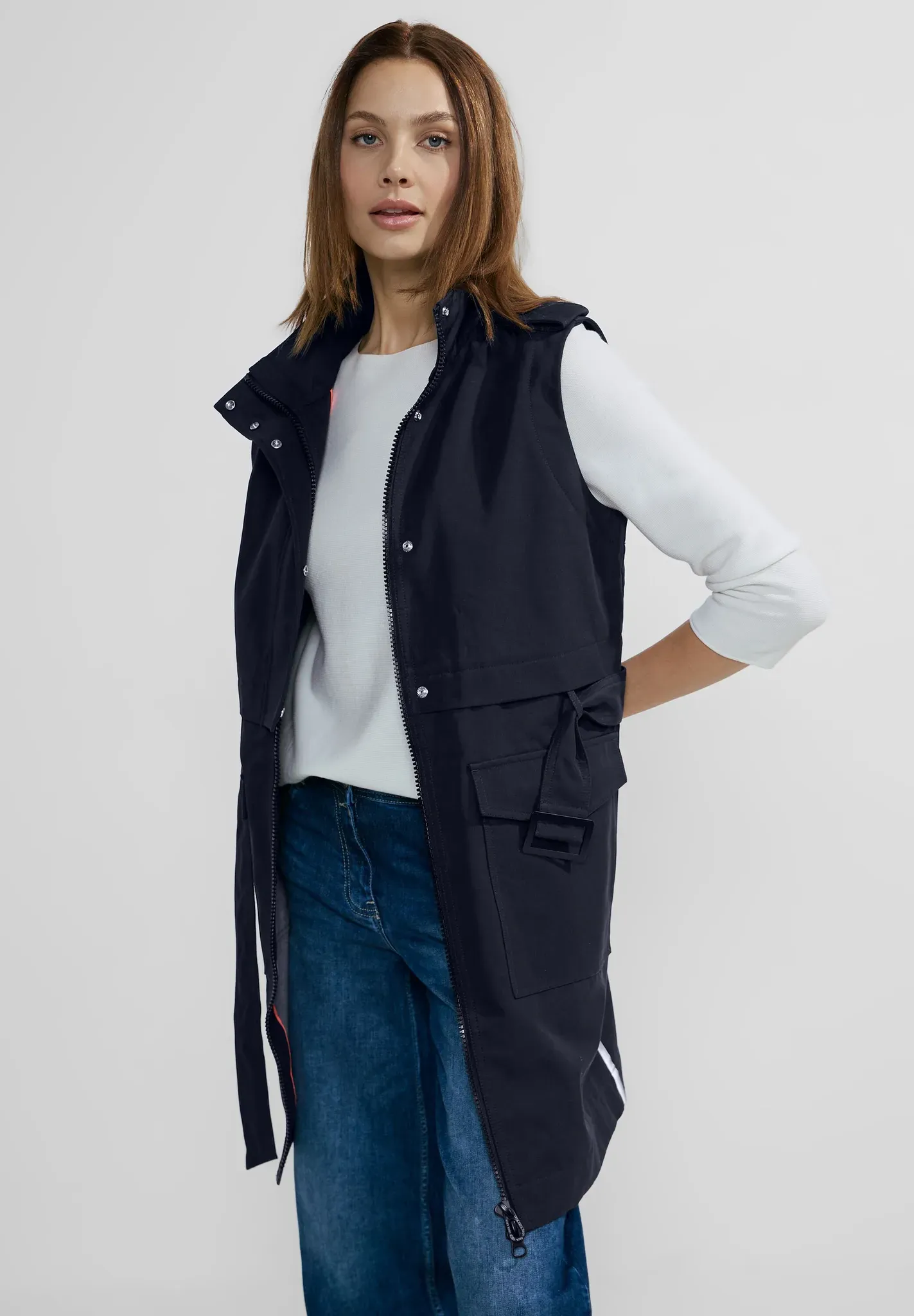Longweste CECIL, Damen, Gr. XXL (46), blau (tiefblau), Web, 64% Baumwolle, 36% Polyester, unifarben, gerade hüftbedeckend, ohne Ausschnitt, Westen Longweste, mit Reverskragen
