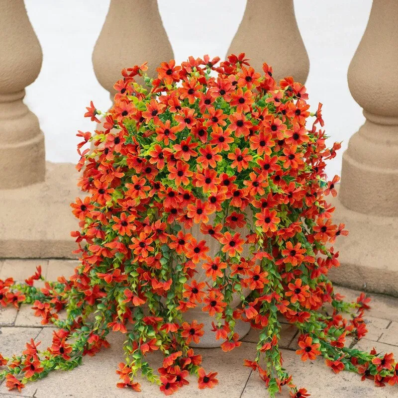 4 Stück 28,7 Zoll/72,8 cm Künstliche hängende Blumen für den Außenbereich, Dekoration mit künstlichen Pflanzen, farbenfrohe Gänseblümchen und Eukalyptus aus Kunstseide, realistisch für Außenbereich, Zuhause, Pflanzgefäß, Veranda, Terrasse, Garten-Deko (orange)
