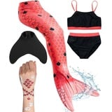 Corimori Monoflosse Meerjungfrauenflosse mit Bikini und Tattoos, Merjungfrauen Schwimmflosse mit Bikini Set rot Körpergröße bis 120cm