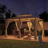 JUMMICO Garten Pavillon 3 x 4 m mit Beleuchtung, wasserdichter,Pavillon 3x3 wasserdicht stabil, geeignet für Garten und Terrasse, mit Vier Seitenwänden zum Schutz vor Sonne und Regen, Beige