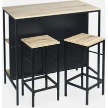 sweeek Stehtisch mit Holzdekor und Metall 2 Regale 2 Hocker  Schwarz
