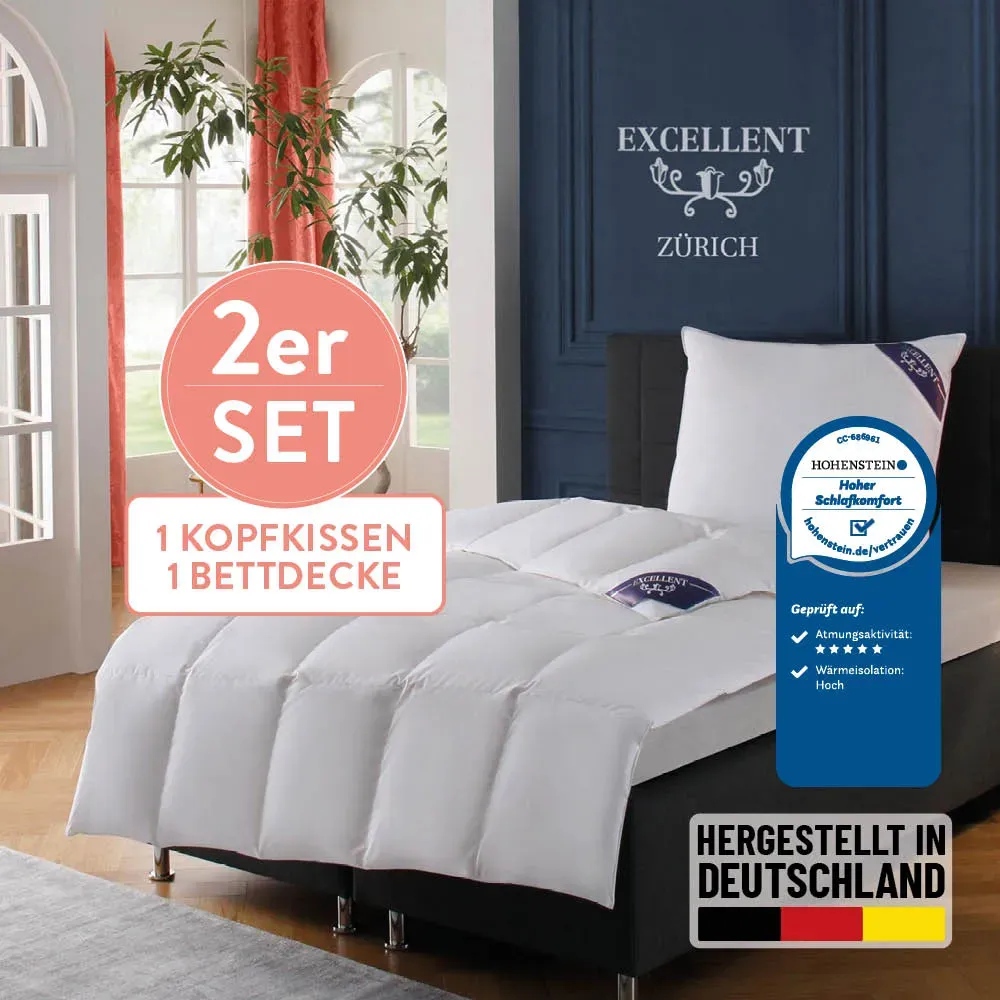 Daunenbettdecke + 3-Kammer-Kopfkissen EXCELLENT "Bettdecken-Set Zürich, Bettdecke 135x200 & 155x220 cm", weiß, B/L: 135cm x 200cm Anzahl Teile 1, B/L: 80cm x 80cm Anzahl Teile 1, Bezug: Baumwolle Füllung: Entendaune/-feder, normal, Bettdecken Bezug: 100% Baumwolle. Kopfkissen Bezug: 100% Baumwolle. Bettdecken Füllung: 100% Daunen. Füllung Außenkammer: 90% Daunen, 10% Federn. Füllung Innenkammer: 100% Federn, Bettwaren-Sets, Bettdecke 100% Daunen für Winter, Sommer, Kissen mit 90% Daunen