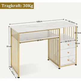 MCombo M MCombo Schminktisch ohne Spiegel Marmor-weiß Gold, Nageltisch aus Holz Metallgestell, Computertisch Wohnzimmer Mode...