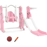 AIYAPLAY Rutsche und Schaukel für Kinder 4-in-1, Kleinkind-Spielplatz mit Kletterteil, Basketballkorb, Rutsche, Schaukel, Hasen-Motiv, für Innen und Außen, 1,5 bis 4 Jahre, rosa   Aosom
