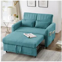 Merax Schlafsofa mit Schlaffunktion, Zweisitzer-Klappsofa, Baumwoll-Leinen-Stoff 1 Teile, Ausziehbares Sofabett mit 3-stufig verstellbarer Rückenlehne & Kissen blau|grün
