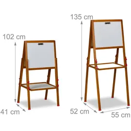 Relaxdays Kinderstandtafel, magnetische Spieltafel, höhenverstellbar, 102-135x55x52 cm, Whiteboard & Kreidetafel, braun