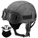 Deutsche Leder Motorrad Halbhelme mit ECE, Vintage Helme mit Schutzbrille, Jethelm Retro, Chopper Helm, Scooter-Helm, Fahrradhelm, mit Sonnenblende und Herausnehmbares Innenfutter