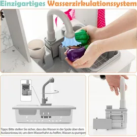 Costway Kinderküche Holz, Spielküche mit Licht und Sound, Holzküche Eck mit Dunstabzugshaube, Wasserzirkulationssystem, Wasserspender & Waschmas... - Grau