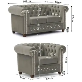 S-Style Chesterfield Polstergarnitur Samt 2-Sitzer + Sessel Grau