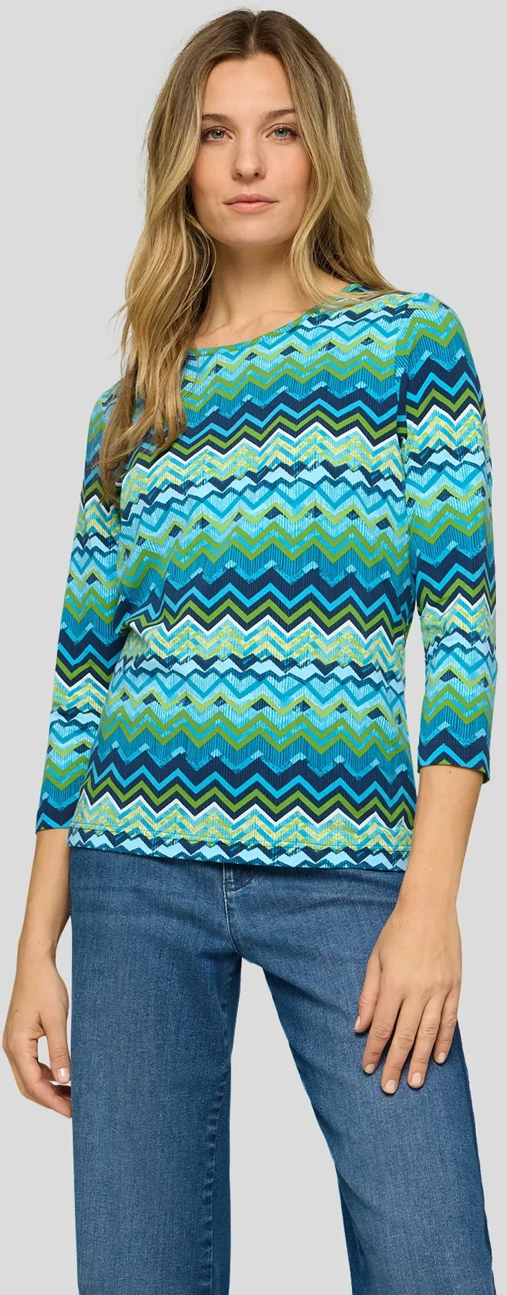 3/4-Arm-Shirt RABE, Damen, Gr. 46, bunt (türkis), Web, Obermaterial: 92% Baumwolle, 8% Elasthan, bedruckt, normal hüftbedeckend, Rundhals, Shirts 3/4-Arm-Shirt, mit grafischem Muster
