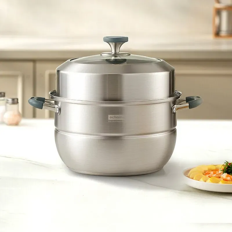 ochama 2-teiliger Dampfgarer/Suppentopf Steamer - 28 cm, 304 Edelstahl, Antihaft, Mehrzweck-Topf, Kompatibel mit Gas-/Induktions-/Elektroherd