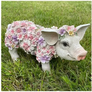 of Gartenfiguren süsses Schwein mit Blumen verziert - Gartenfigur Ferkel Deko für außen Tiere groß (Schwein stehend)