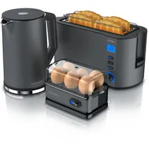 Arendo 3-teiliges Frühstücksset, Wasserkocher ELEGANT 1,5l, 4-Scheiben Toaster, 6er Eierkocher, Grau