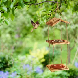 Relaxdays Vogelfutterstation Holz, zum Aufhängen, Futterspender Wildvögel, 2 Schalen, HxBxT: 73 x 20 x 20 cm, Natur