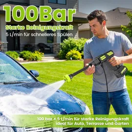 bundviel Akku Hochdruckreiniger 100 Bar 6-in-1 mit 2 x 4000mAh Akkus und 5M Schlauch