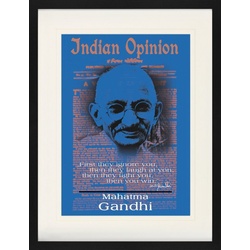 1art1 Bild mit Rahmen Mahatma Gandhi - Indian Opinion, Zuerst Ignorieren Sie Dich, Blau 60 cm x 80 cm