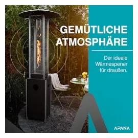 APANA Gasheizer 12,5 kW Bellamente Cristal praktischer Gasheizstrahler für Garten Balkon mit Umkippsicherung Abschaltautomatik in schwarz