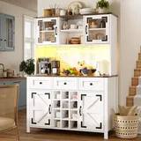 Merax Küchenschrank mit LED und Steckdose, Landhausstil Sideboard Buffetschrank mit Arbeitsplatte und Glastür, Küchenbuffet mit 3 Schubladen und Weinschrank, Hochschrank für Küche Esszimmer, Weiß
