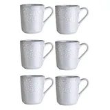 Home4You Kaffeetassen 6er Set, 355 ml - Hellgrau - Steingut - glasiert - mit floraler Prägung - 6er Set