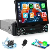 【Wireless】 CAMECHO Autoradio Bluetooth 1 Din mit Wireless Carplay Android Auto, 7 Zoll Motorisiert Ausfahrbarem Touchscreen Autoradio mit Navi Bildschirm Bluetooth5.0/Mirror Link/USB/FM/AUX