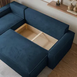 masseno ECKSOFA RAVELO M Blau Velours-Stoff mit Schlaffunktion
