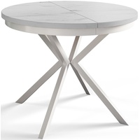 Runder Esszimmertisch BERG, ausziehbarer Tisch Durchmesser: 100 cm/180 cm, Wohnzimmertisch Farbe: Marmur, mit Metallbeinen in Farbe Weiß
