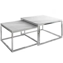 Lukmebel Yoshi LEVANTO 2-In-1 Couchtisch Und Bank Set Aus Zwei Tischen Matt Verchromte Stahlkonstruktion Quadratische Arbeitsplatte 60x60x36 cm 70x70x42 cm Marmur Levanto Und Silber