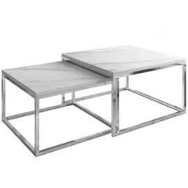 Lukmebel Yoshi LEVANTO 2-In-1 Couchtisch Und Bank Set Aus Zwei Tischen Matt Verchromte Stahlkonstruktion Quadratische Arbeitsplatte 60x60x36 cm 70x70x42 cm Marmur Levanto Und Silber