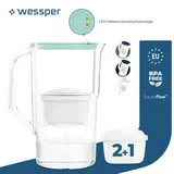 Wessper 2,8 l Wasserfilterkrug mit LED-Zähler Kompatibel mit Brita Maxtra | Set aus 3 Wasserfilterkrug + Wasserfilterkartusche - Minze - Grün