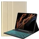 YHFZR Tastatur Hülle für Samsung Galaxy Tab S8 Ultra, [Deutsches QWERTZ] Slim Hülle mit 7 Farben Beleuchtung Kabellose Tastatur mit Schützhülle für Samsung Tab S8 Ultra 14,6'' X900/X906, Gold-A