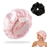 QOWIJEX 1 Stück Schlafmütze mit 1 pc Haarband, Satin Bonnet Nacht Schlaf Mütze Verstellbare Schlafkappe Kopfbedeckung Weiche Kopfhaube Schlafhaube Seide mit Gummizug für Damen und Mädchen(Rosa)