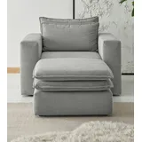 furn.design Sessel Set in hellgrau Cord Couch Loungesessel inklusive Hocker Pesaro