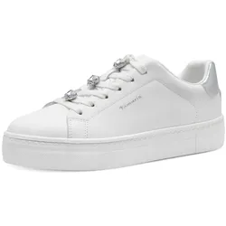 Plateausneaker TAMARIS, Damen, Gr. 40, weiß, Lederimitat, unifarben, sportlich, Schuhe, Freizeitschuh, Halbschuh, Schnürschuh mit Schmucksteinen verziert