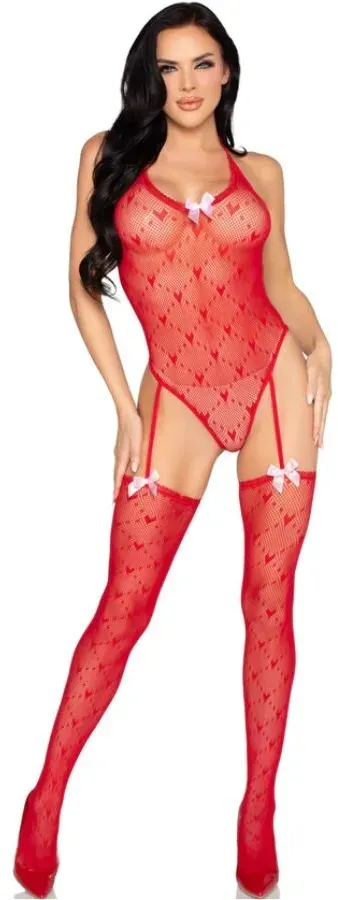 LEG AVENUE - 89360 BODYSUIT MIT OFFENEM RÜCKEN UND STRUMPFGÜRTEL SCHWARZ - EINE GRÖSSE - ONE SIZE / ROJO