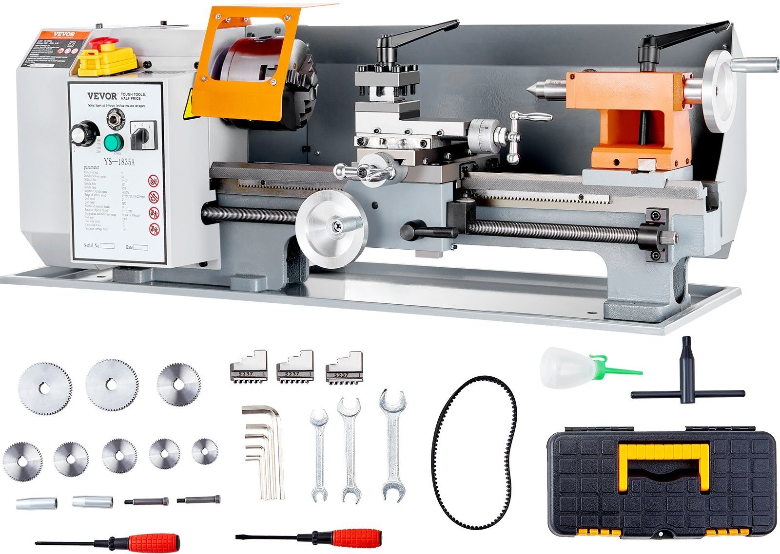 VEVOR Metalldrehmaschine 500W Drehbank Metall 18x36cm Tischdrehbank aus HT200-Gusseisen 0–2200U/min Poly-V-Riemen-Übertragung 20mm Bohrung durch die Spindel Geeignet für 0,5-2,5mm Gewinde