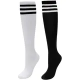 CHIC DIARY Kniestrümpfe Damen Mädchen Fußball Sport Socken College Cheerleader Kostüm Strümpfe Cosplay Streifen Strumpf, 2 Paar(schwarz+weiß Schwarz Streifen), Einheitsgröße - Einheitsgröße Große Größen