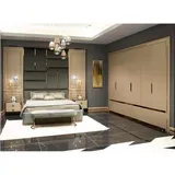 Xlmoebel Schlafzimmer-Set Beige Schlafzimmermöbel aus Holz mit Doppelbett und Zubehör, (5-tlg., Set 5tlg Schlafzimmer (Kopfteil + Bett + 2xNachttische + Bank), Hergestellt in Europa beige