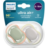 Philips Avent Ultra Air Schnuller, BPA-freier Schnuller für Babys von 6 bis 18 Monaten, Khaki/Orange und Grau/Gelb, 2er-Pack (Modell SCF085/20)