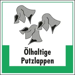 Aufkleber I Abfallkennzeichen Ölhaltige Putzlappen, Symbol und Text, Folie, selbstklebend, 200x200mm