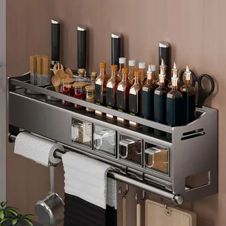 Giural 51cm,Gewürzregal Wand mit Küchenrollenhalter und Haken und Gewürzbox, Küchenregal Ohne Bohren aus Metall, Spice Rack, Gewürz Organizer Hängend für Küchen und Bad Organizer