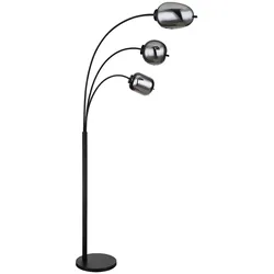 LED Stehleuchte Rauchglas Retro Bogenstehleuchte Wohnzimmer Stehlampe schwarz Metall Glas, Fußschalter, 3x 4W 350Lm warmweiß, LxBxH 80x60x175 cm