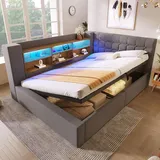 Flieks Hydraulisches Schlafsofa 140x200cm mit Stauraum, Polstebett mit USB, Jugendbett mit Led und offenen Staufächern, Doppelbett Leinen, Grau - Grau