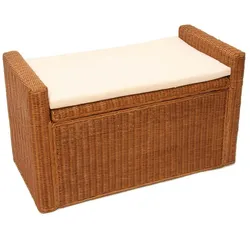 Mendler Aufbewahrungstruhe Truhe Sitzbank M92 Rattan mit Kissen 88cm ~ honigfarben
