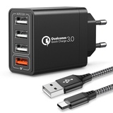 JOOMFEEN USB Ladegerät mit Type C Ladekabel,Quick Charge 3.0 30W/6A USB Ladeadapter mit 4 Ports Schnellladegerät USB Netzteil Mehrfach Ladestecker für Samsung Galaxy S20/S10/S9/S8/Note,Huawei,XiaoMi