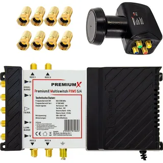 PremiumX Multischalter Set 5/4 Multiswitch Quattro LNB 8x F-Stecker, Satverteiler 1 SAT für 4 Teilnehmer HDTV FullHD 4K UHD 8K