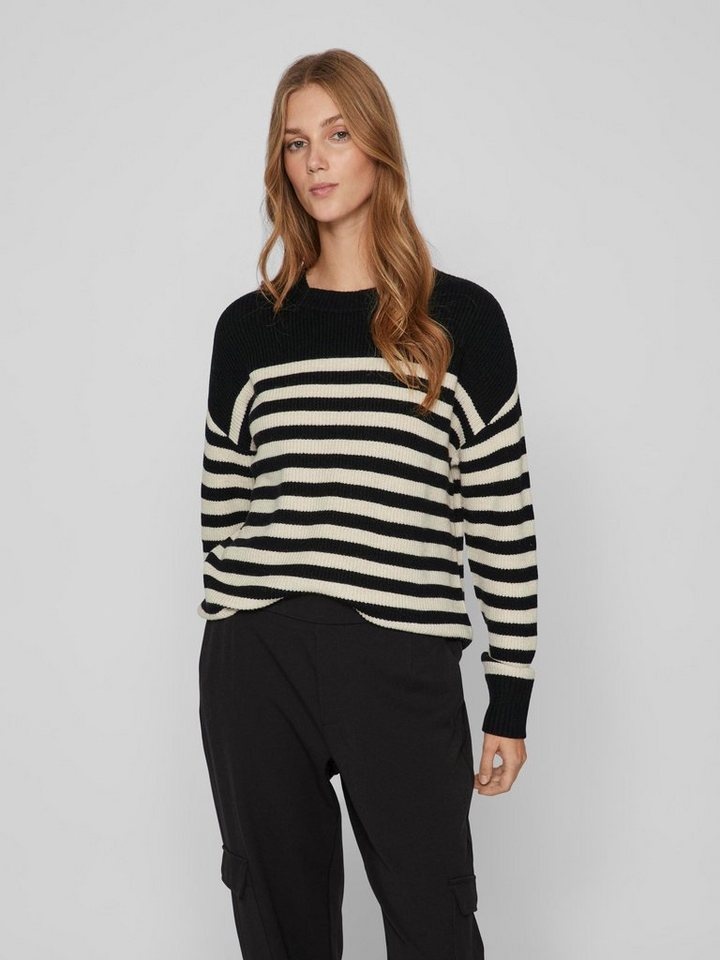 Vila Rundhalspullover VIRIL RIB STRIPE L/S KNIT TOP - NOOS schwarz XS (34)