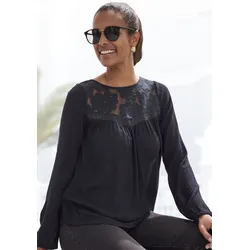Spitzenbluse BUFFALO, Damen, Gr. 46, schwarz, Cru00eape, Web, Obermaterial: 100% Viskose. Einsatz: 100% Baumwolle, unifarben, feminin, figurumspielend hüftlang, Rundhals, Langarm elastischer Bund, Blusen, aus gewebter Viskose, sommerlich, Boho-Style, Topseller