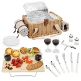 Picknickkorb-Set mit Mini-Klapptisch und Besteck-Set, Picknickkorb für 2 Personen mit kühltaschen, Flechtkorb mit Henkel, Weidenkorb Geschenkset für Picknick Camping Outdoor Party (Weiße Blume)